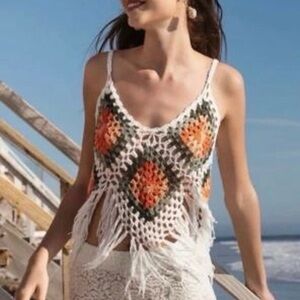 White Crochet Fringe Camisole with Orange and Green Motifs